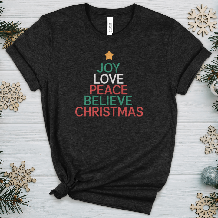 Joy Love Peace Believe Christmas Heathered Tee