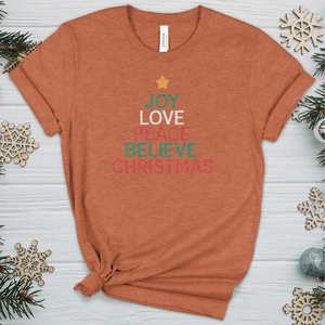 Joy Love Peace Believe Christmas Heathered Tee