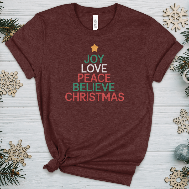 Joy Love Peace Believe Christmas Heathered Tee