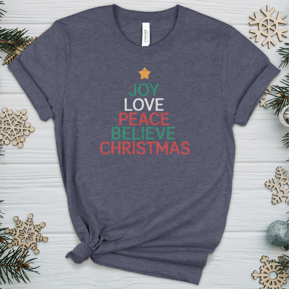 Joy Love Peace Believe Christmas Heathered Tee