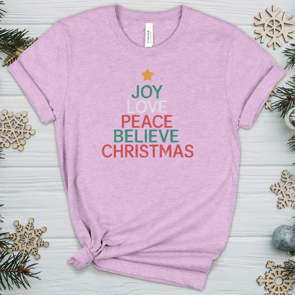 Joy Love Peace Believe Christmas Heathered Tee