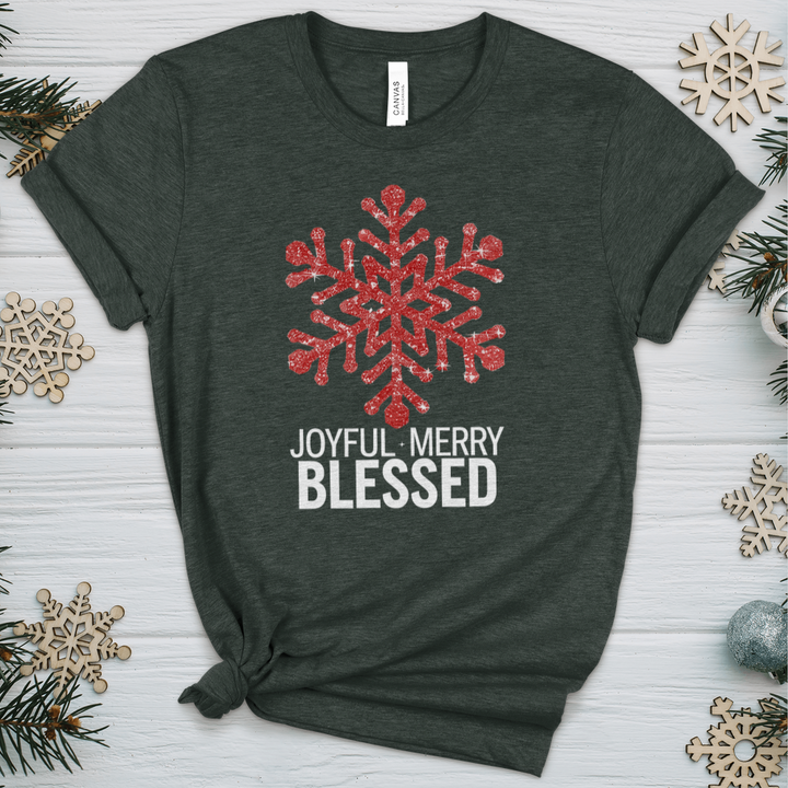 Joyful Merry & Blessed Snowflake Heathered Tee