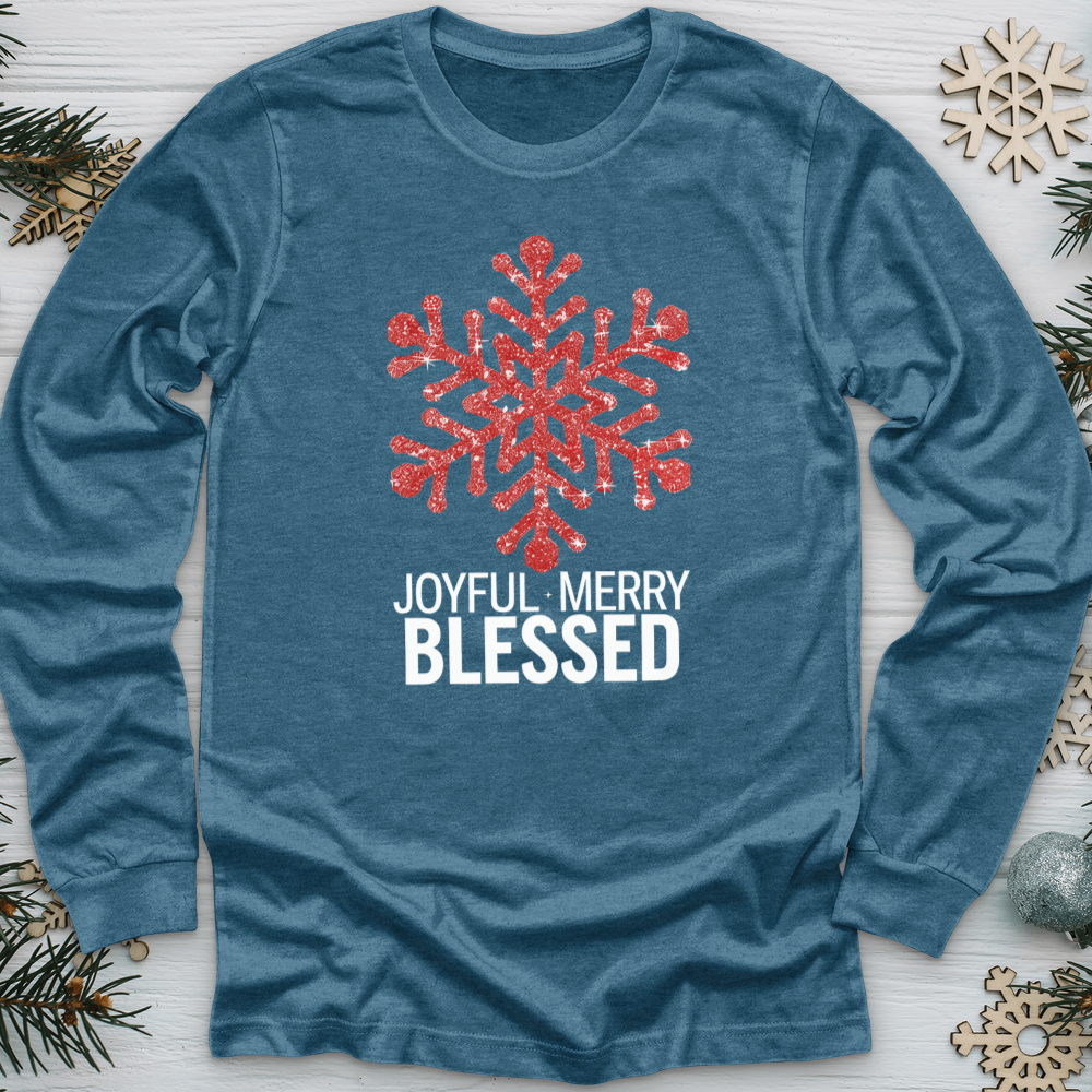 Joyful Merry & Blessed Snowflake Long Sleeve Tee