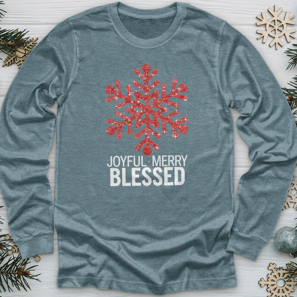 Joyful Merry & Blessed Snowflake Long Sleeve Tee