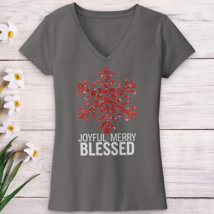 Joyful Merry & Blessed Snowflake V-Neck Tee