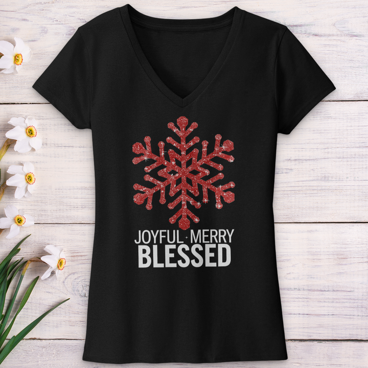 Joyful Merry & Blessed Snowflake V-Neck Tee