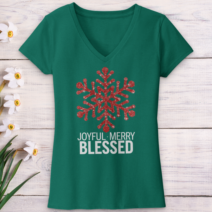 Joyful Merry & Blessed Snowflake V-Neck Tee