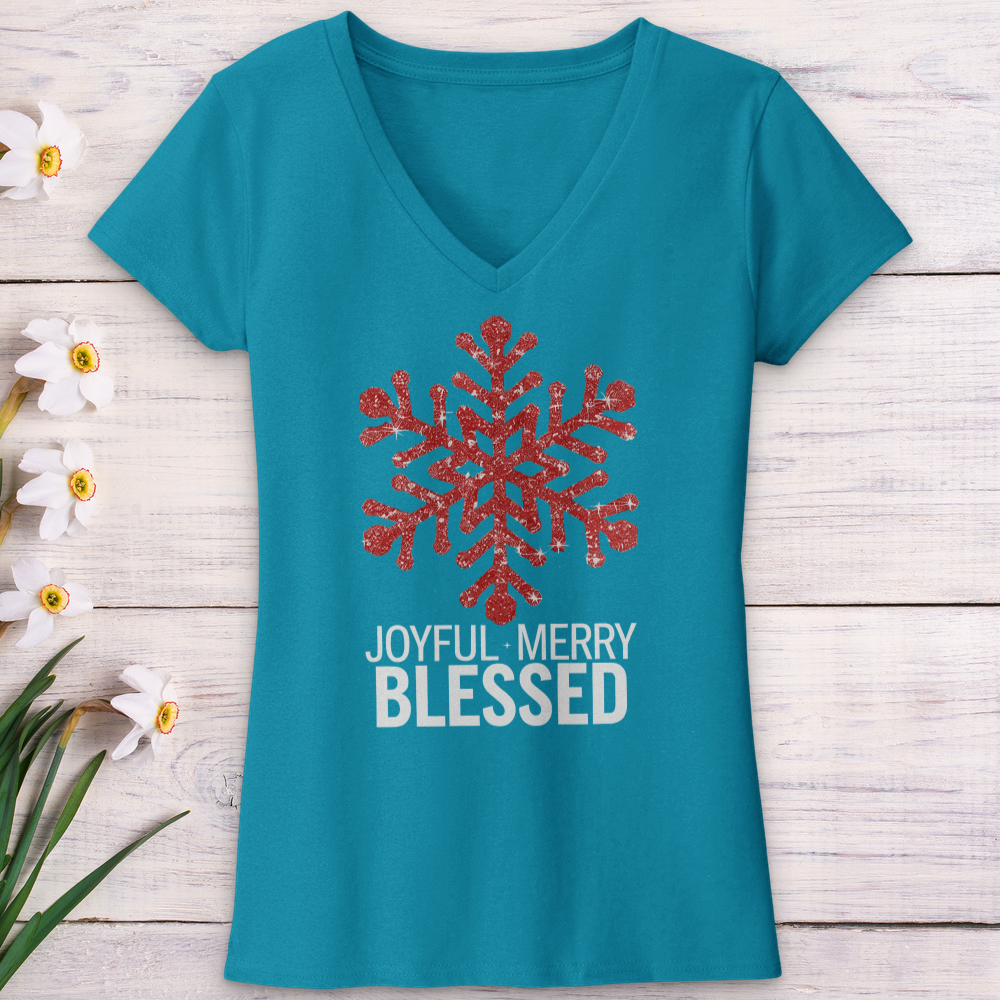 Joyful Merry & Blessed Snowflake V-Neck Tee