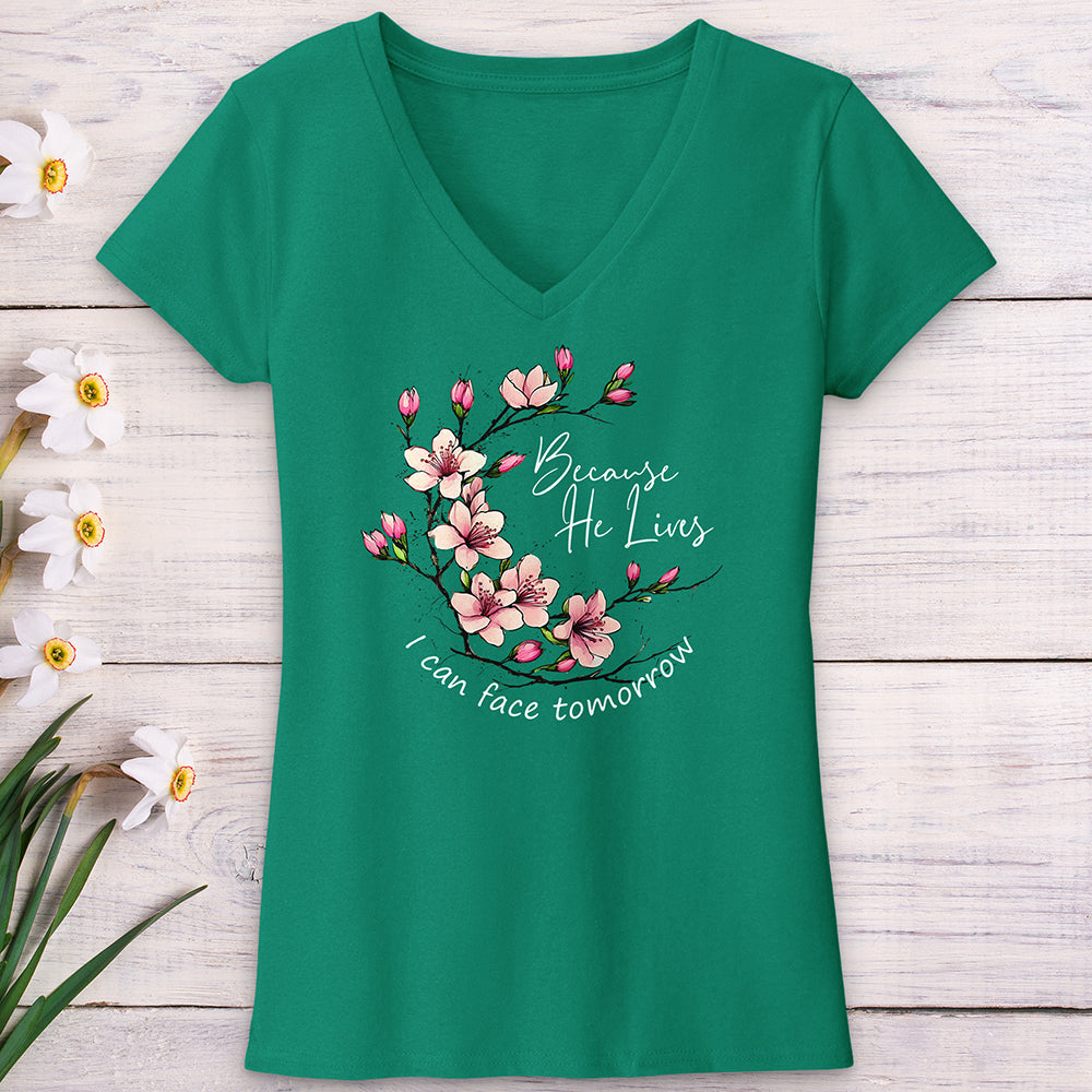 Because He Lives Pink Flowers V-Neck Tee