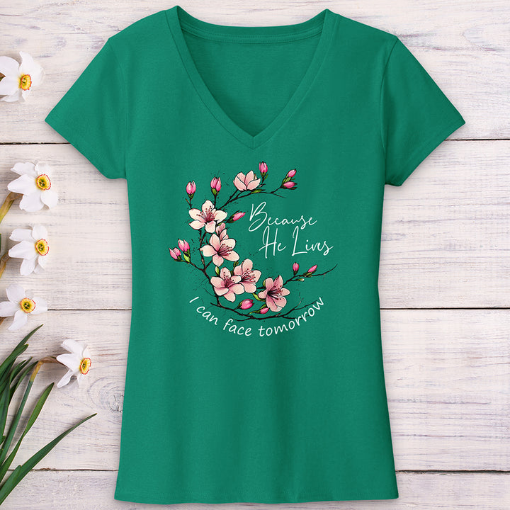 Because He Lives Pink Flowers V-Neck Tee