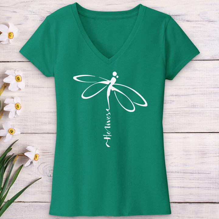 He Lives Dragonfly White V-Neck Tee