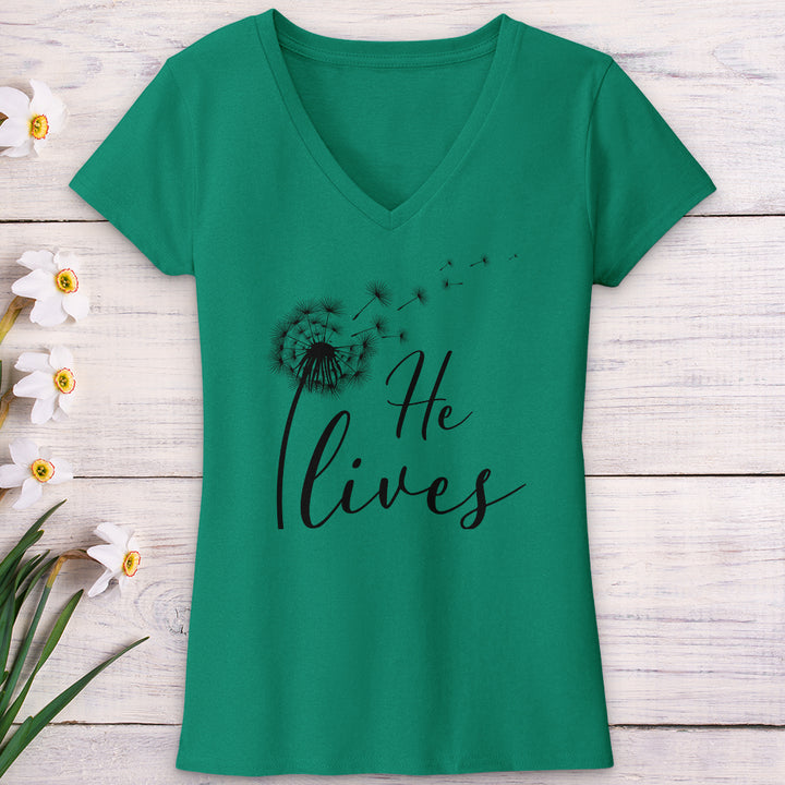 He Lives Dandelion V-Neck Tee