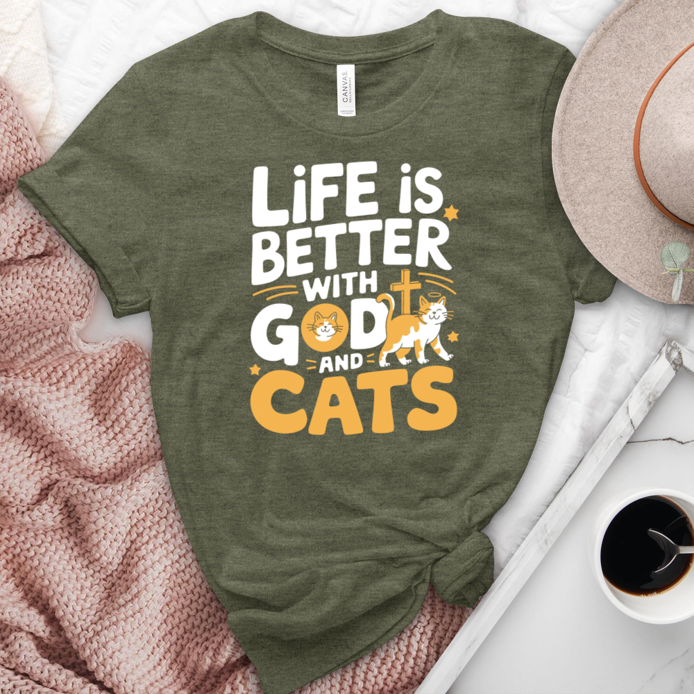 Life Is Always Better With God & Cats Heathered Tee