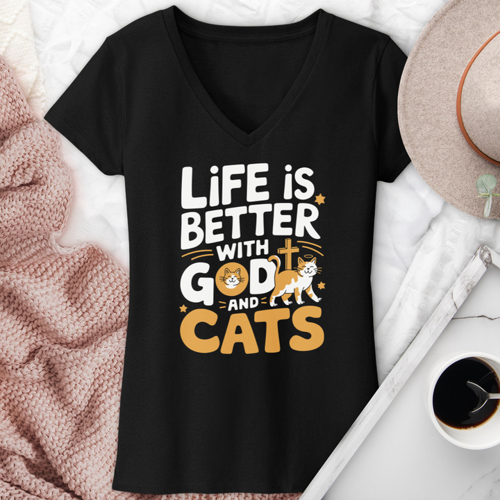 Life Is Always Better With God & Cats V-Neck Tee