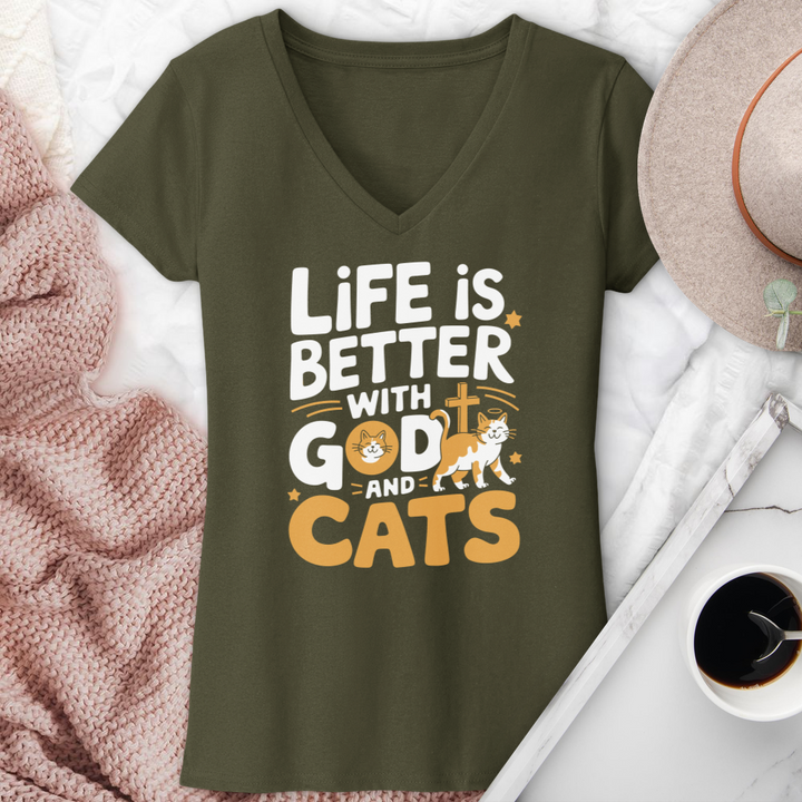 Life Is Always Better With God & Cats V-Neck Tee