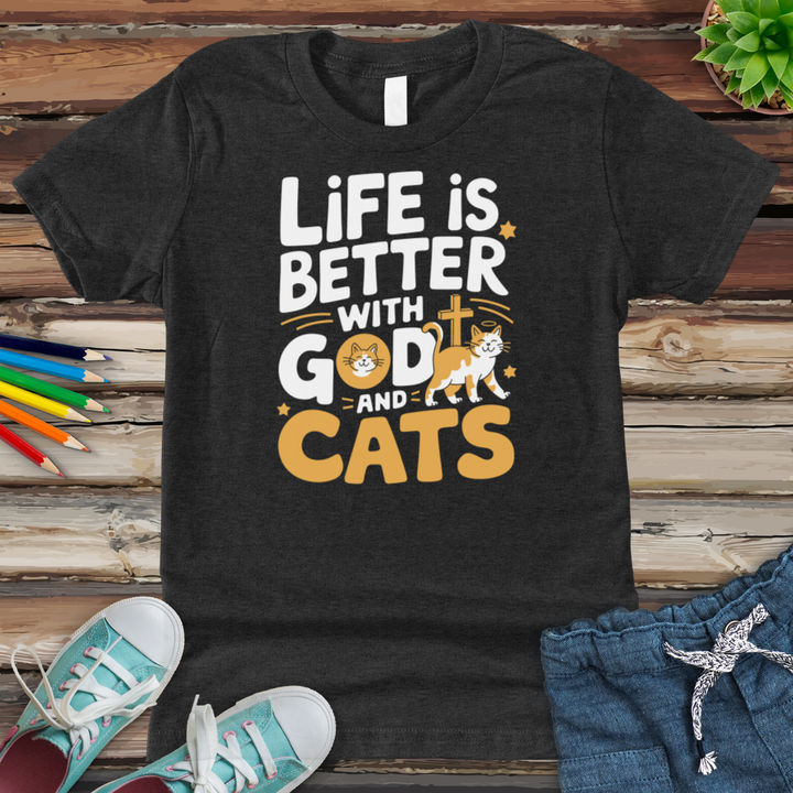 Life Is Always Better With God & Cats Youth Heathered Tee