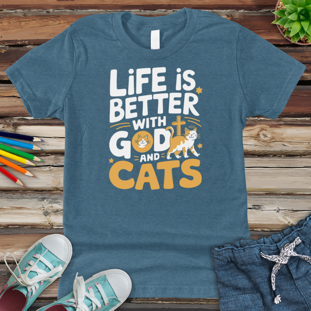 Life Is Always Better With God & Cats Youth Heathered Tee