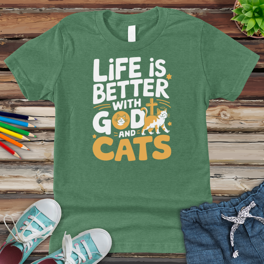 Life Is Always Better With God & Cats Youth Heathered Tee