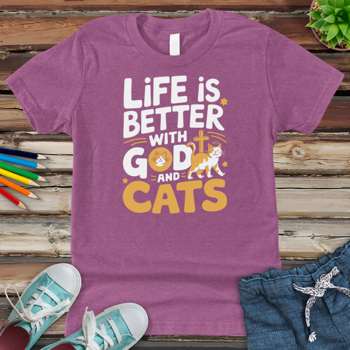 Life Is Always Better With God & Cats Youth Heathered Tee