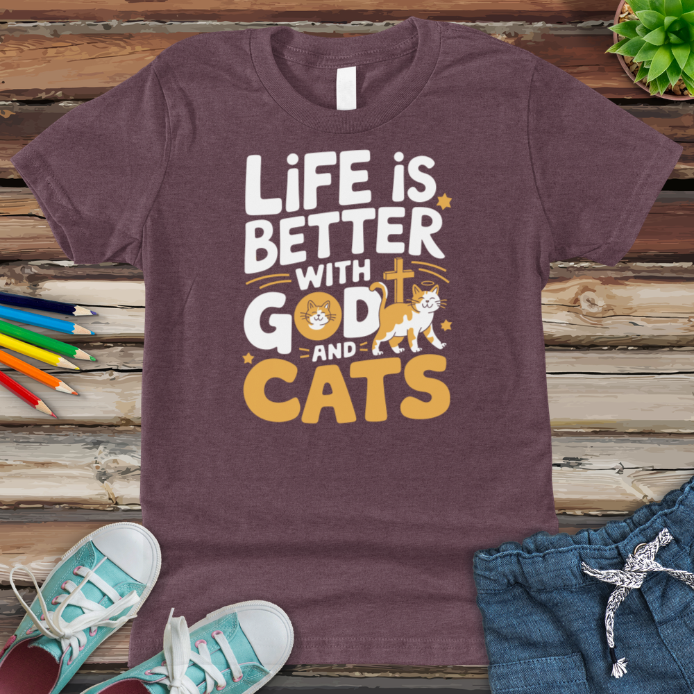 Life Is Always Better With God & Cats Youth Heathered Tee