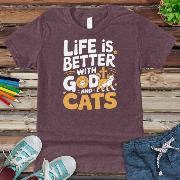 Life Is Always Better With God & Cats Youth Heathered Tee