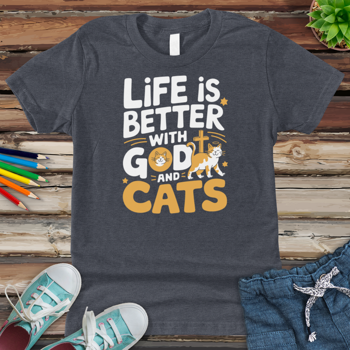 Life Is Always Better With God & Cats Youth Heathered Tee