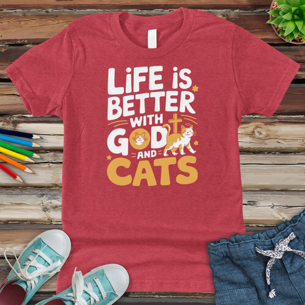 Life Is Always Better With God & Cats Youth Heathered Tee