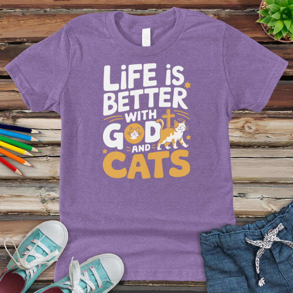 Life Is Always Better With God & Cats Youth Heathered Tee