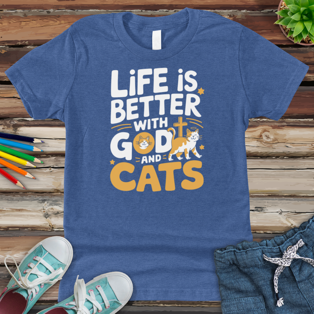 Life Is Always Better With God & Cats Youth Heathered Tee