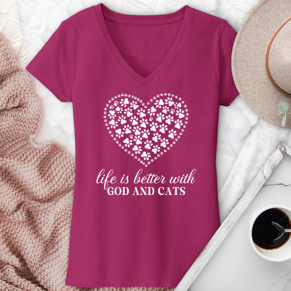 Life Is Better With God & Cats V-Neck Tee