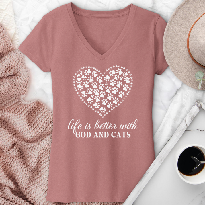 Life Is Better With God & Cats V-Neck Tee