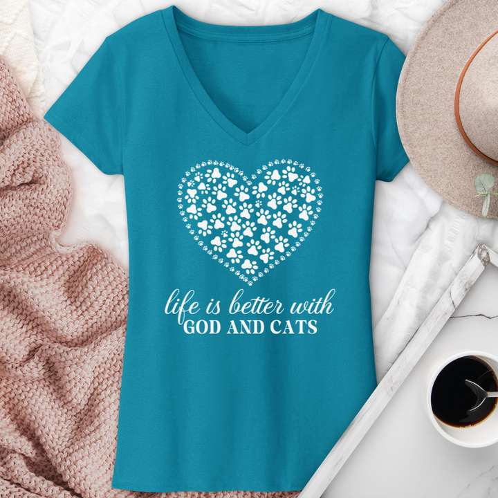 Life Is Better With God & Cats V-Neck Tee