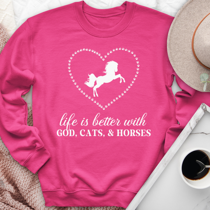 Life Is Better With God, Cats, and Horses Crewneck