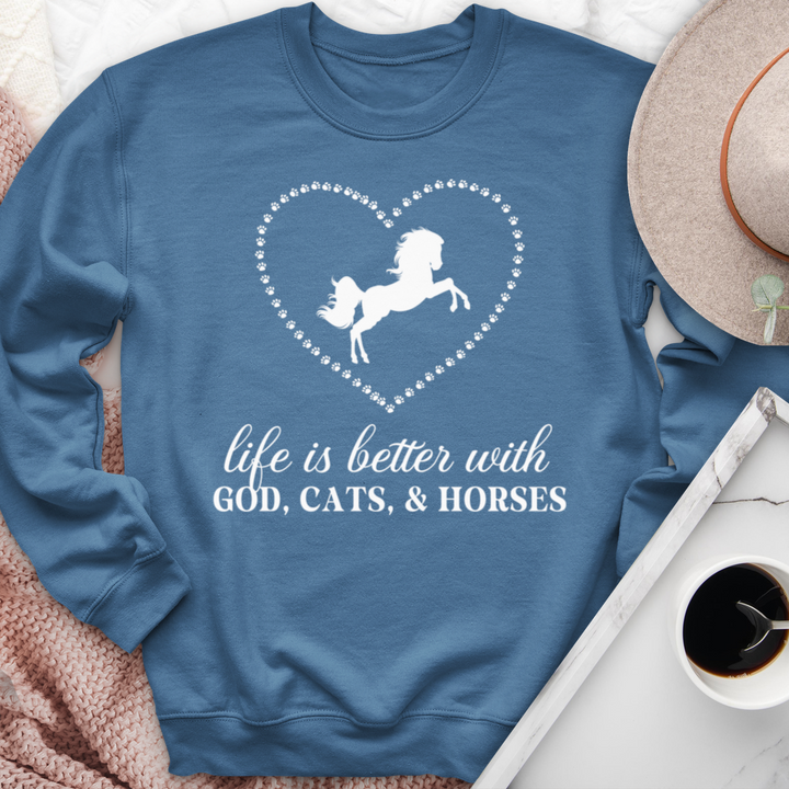 Life Is Better With God, Cats, and Horses Crewneck