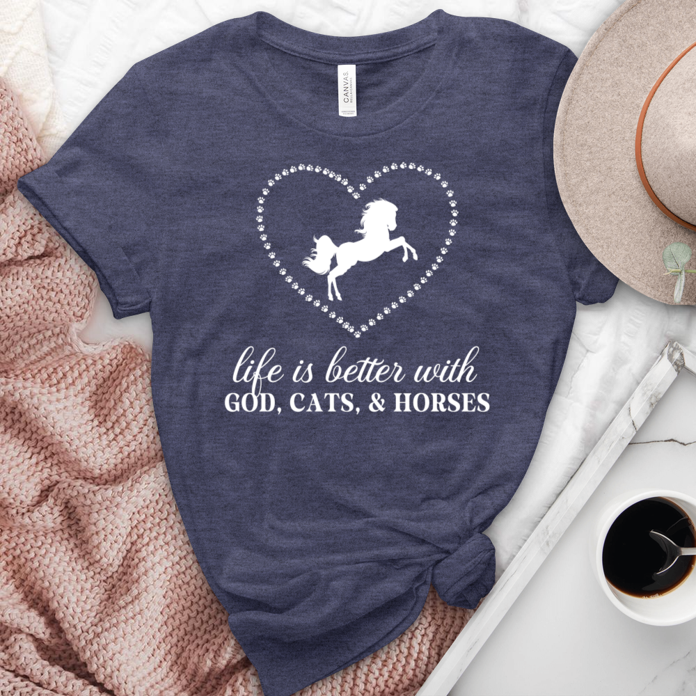 Life Is Better With God, Cats, and Horses Heathered Tee