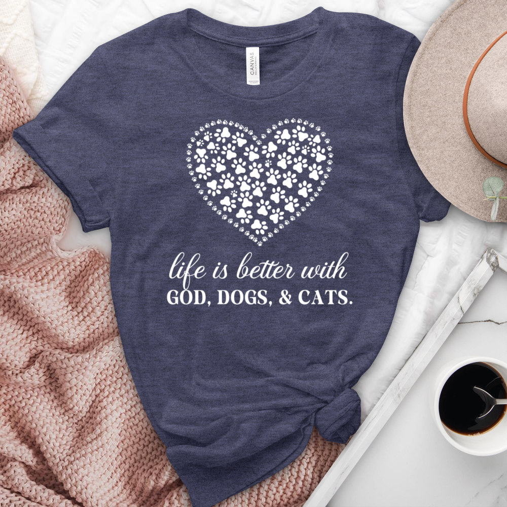 Life Is Better With God, Dogs, and Cats Heathered Tee