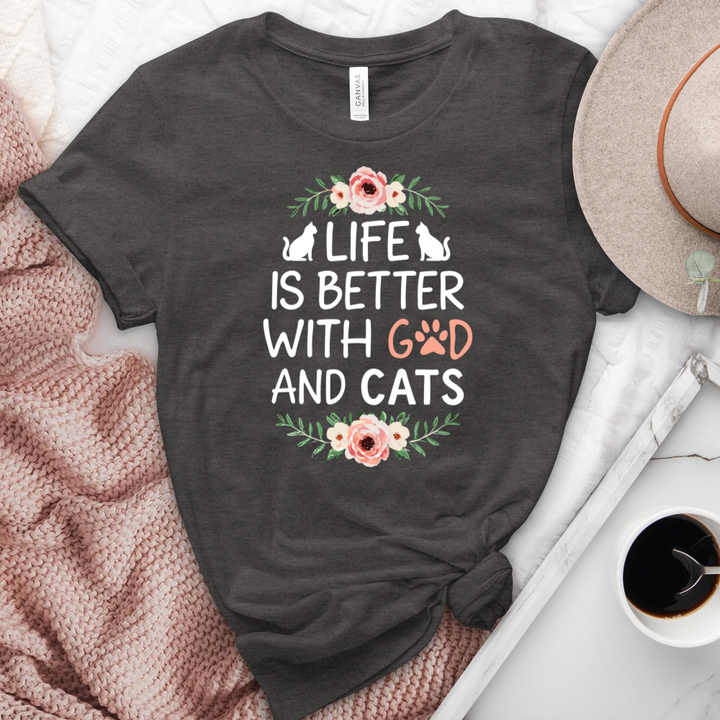 Life is Better with God & Cats Floral Heathered Tee