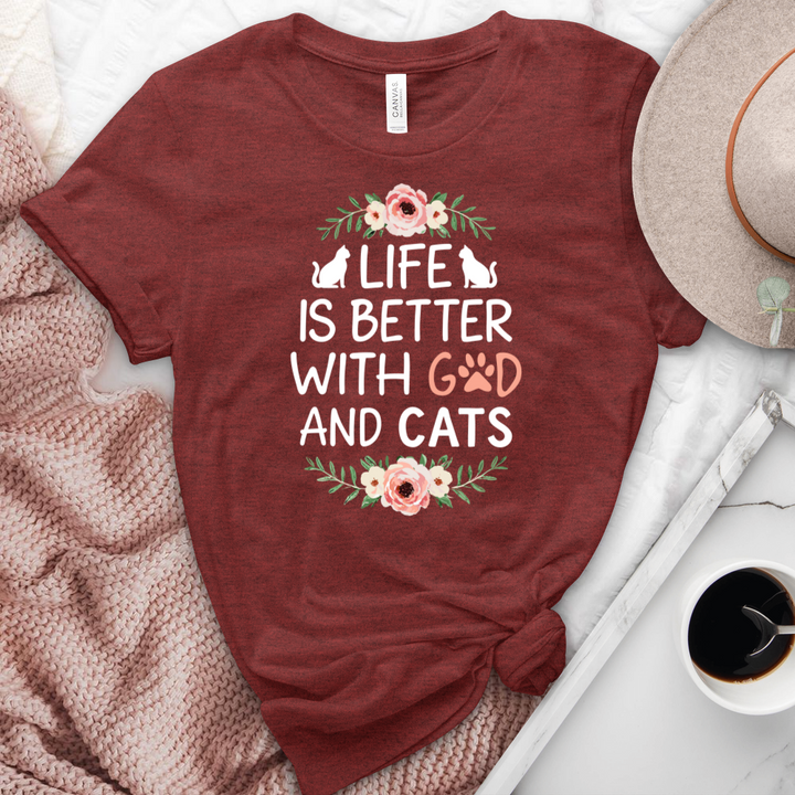 Life is Better with God & Cats Floral Heathered Tee