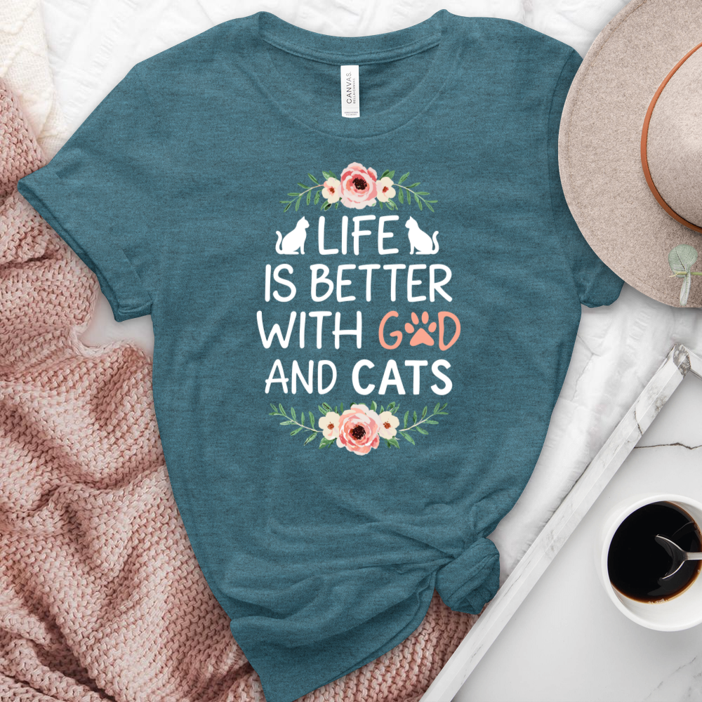 Life is Better with God & Cats Floral Heathered Tee