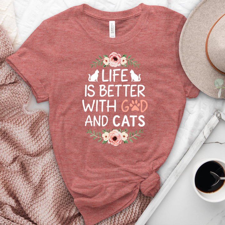 Life is Better with God & Cats Floral Heathered Tee