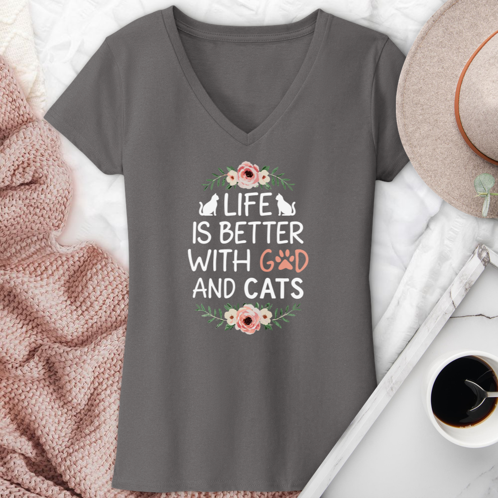 Life is Better with God & Cats Floral V-Neck Tee