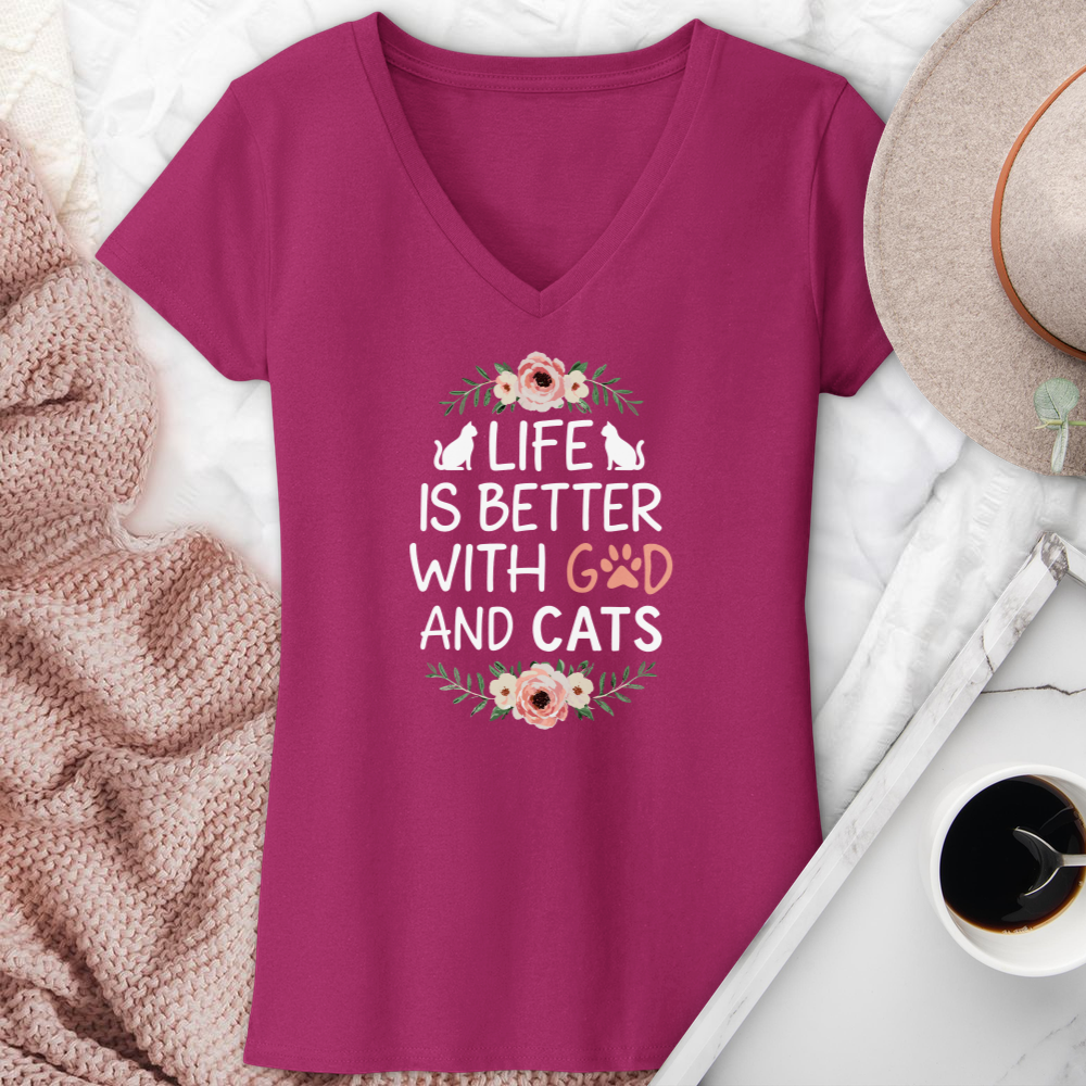 Life is Better with God & Cats Floral V-Neck Tee