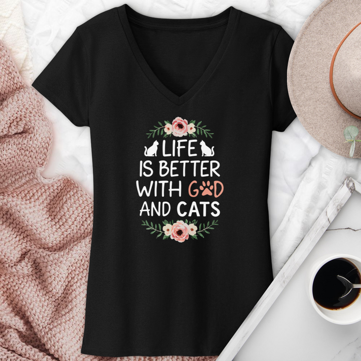 Life is Better with God & Cats Floral V-Neck Tee