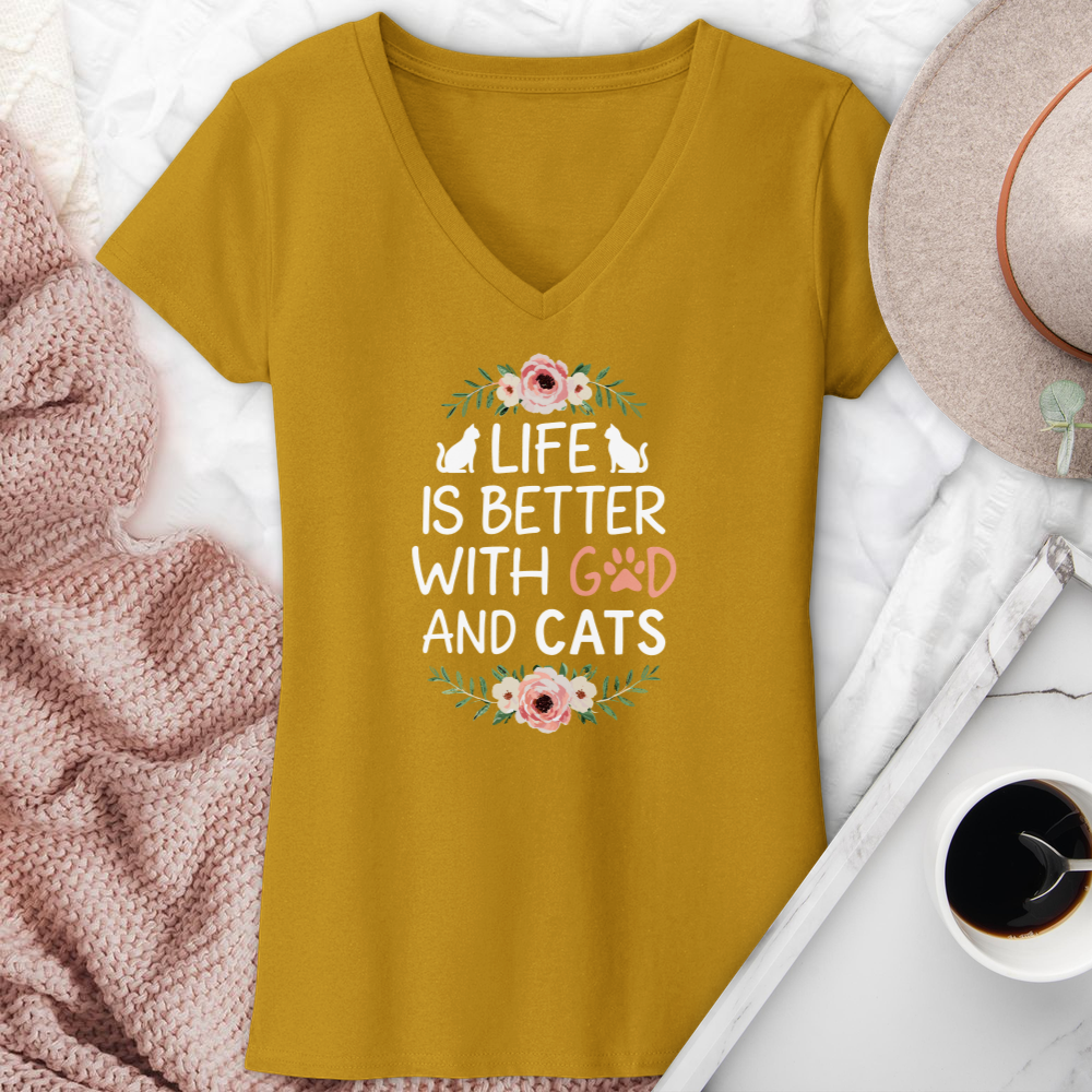 Life is Better with God & Cats Floral V-Neck Tee