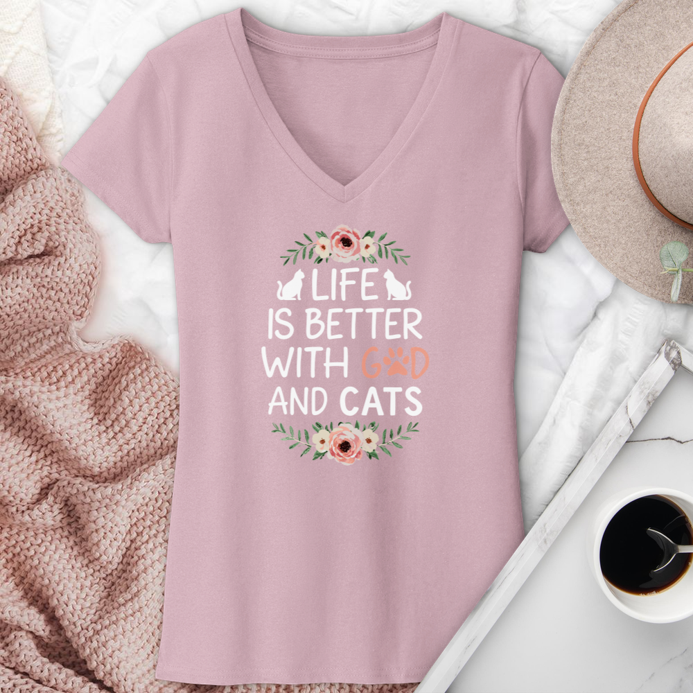 Life is Better with God & Cats Floral V-Neck Tee