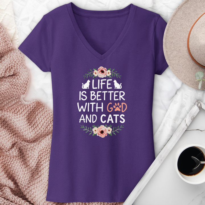 Life is Better with God & Cats Floral V-Neck Tee