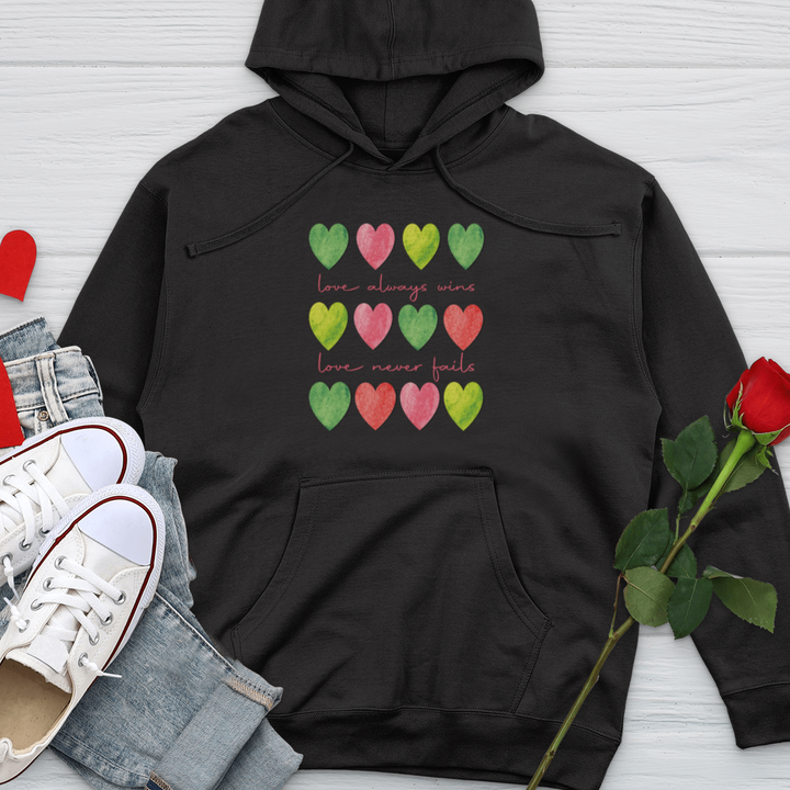 Love Always Wins Heart Pattern Midweight Hooded Sweatshirt