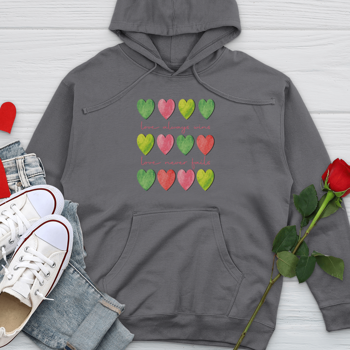 Love Always Wins Heart Pattern Midweight Hooded Sweatshirt