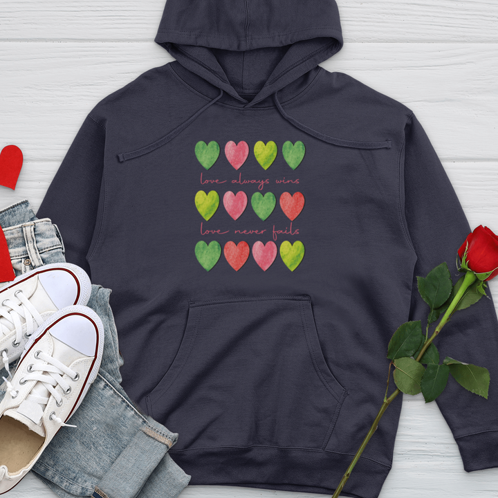 Love Always Wins Heart Pattern Midweight Hooded Sweatshirt