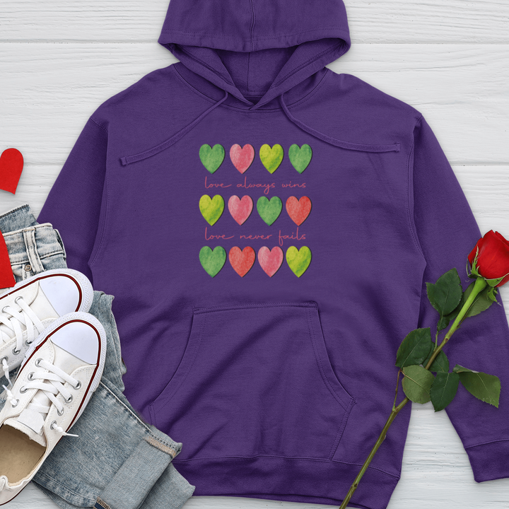 Love Always Wins Heart Pattern Midweight Hooded Sweatshirt